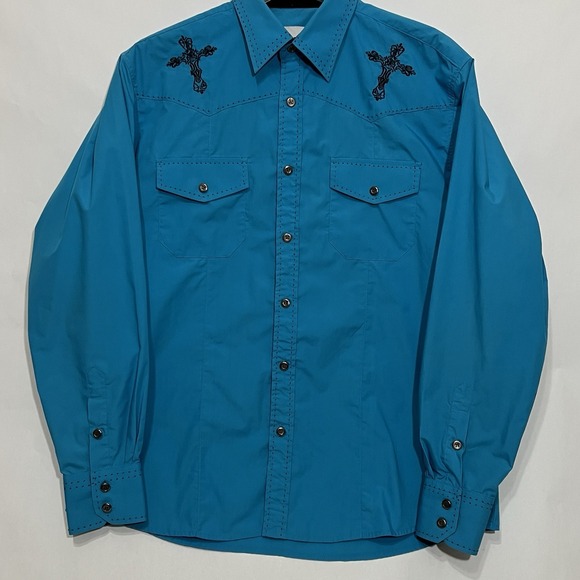 Ace Of Diamond Other - Y2K Ace Of Diamond Western‎ Shirt Turquoise Embroidered Cross Fleur De Lis Large